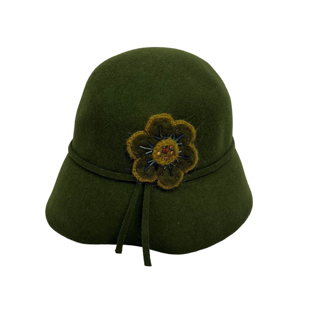 Vintage Georgi Olive Green Wool Hat Beaded Flower Bucket Downturned Brim